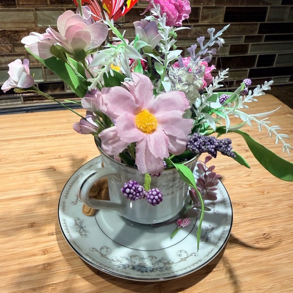 Floral Arrangement in a vintage teacup and saucer with Butterfly Accent - Picture 5 of 6